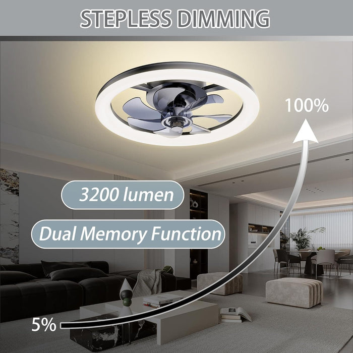 Small Low Profile Ceiling Fan with Lights and Remote, Flush Mount Fandelier Ceiling Fan, Bladeless LED Ceiling Fan and Light, Black Modern Ceiling Fan-5-ErisView
