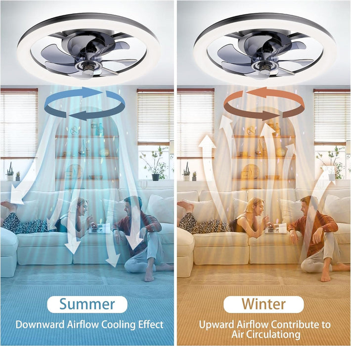 Small Low Profile Ceiling Fan with Lights and Remote, Flush Mount Fandelier Ceiling Fan, Bladeless LED Ceiling Fan and Light, Black Modern Ceiling Fan-6-ErisView