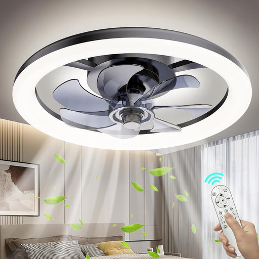 Small Low Profile Ceiling Fan with Lights and Remote, Flush Mount Fandelier Ceiling Fan, Bladeless LED Ceiling Fan and Light, Black Modern Ceiling Fan-1-ErisView