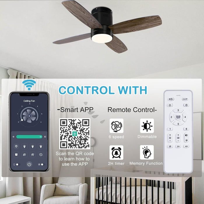 Small Remote Control Ceiling Fan and Light APP Control, Indoor Outdoor Low Profile Flush Mount Ceiling Fan for Patio Kitchen Dining Room Bedroom-10-ErisView