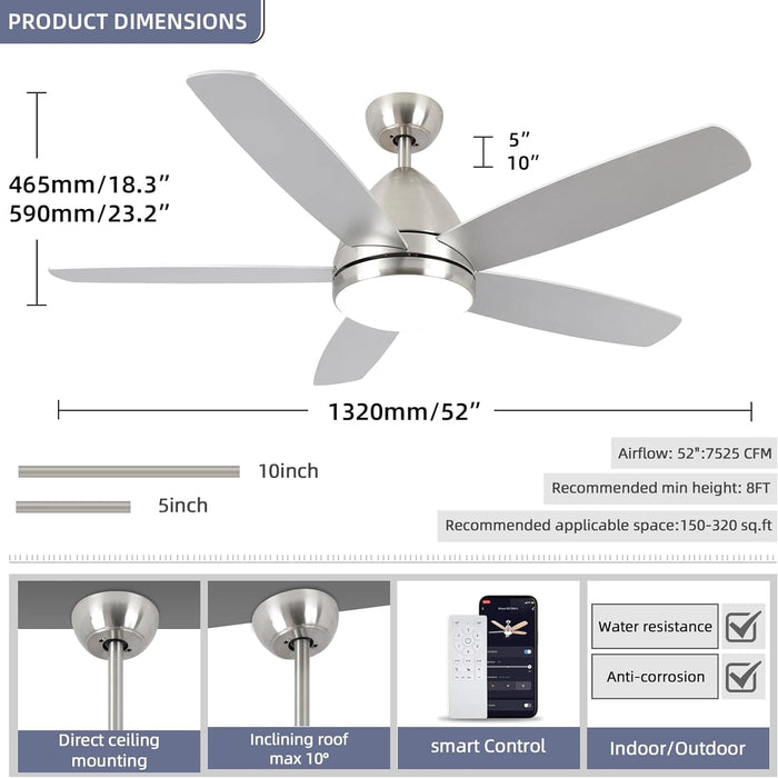 Smart Ceiling Fan with Light and Remote APP Control, Dimmable Reversible Ceiling Fan Winter Summer, Outdoor Fan for Patio, Modern Nickel Ceiling Fan-5-ErisView