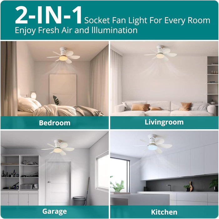 Socket Fan Light, Ceiling Fans with Lights and Remote, Dimmable Small Ceiling Fan, Flush Mount Screw In Ceiling Fan for Bedroom Kitchen Living Room-4-ErisView