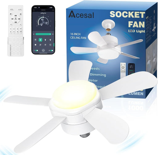 Socket Fan Light with Remote APP Control, Small Screw In Socket Bedroom Ceiling Fans, Living Room Fan, Kitchen Fans with Lights-1-ErisView