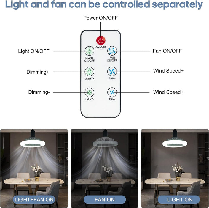 Socket Fan Light with Remote, Enclosed Bladeless Mini Ceiling Fan for Kitchen Bedroom Washroom Laundry Room and Small Spaces-4-ErisView