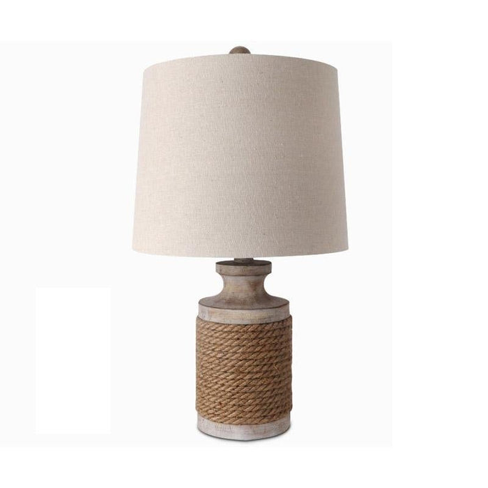 Rustic 1 Head Rope Column Table Lamp Beige Nightstand Light with Drum Shade