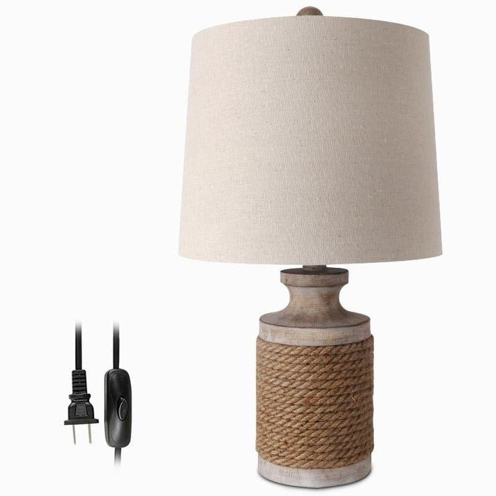 Rustic 1 Head Rope Column Table Lamp Beige Nightstand Light with Drum Shade