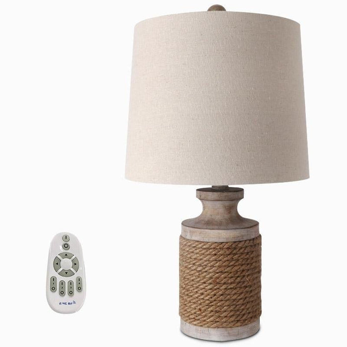 Rustic 1 Head Rope Column Table Lamp Beige Nightstand Light with Drum Shade