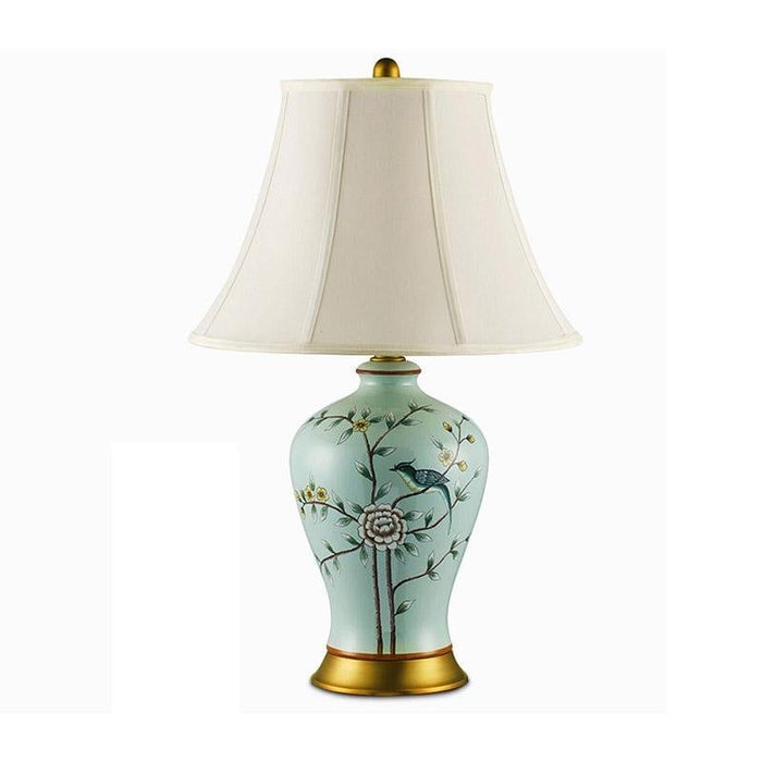 23'' Antique Porcelain Table Lamp in Pale Green with Birds and Branches