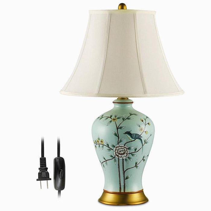 23'' Antique Porcelain Table Lamp in Pale Green with Birds and Branches