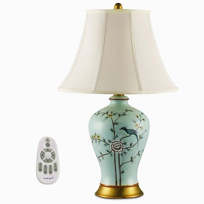 23'' Antique Porcelain Table Lamp in Pale Green with Birds and Branches