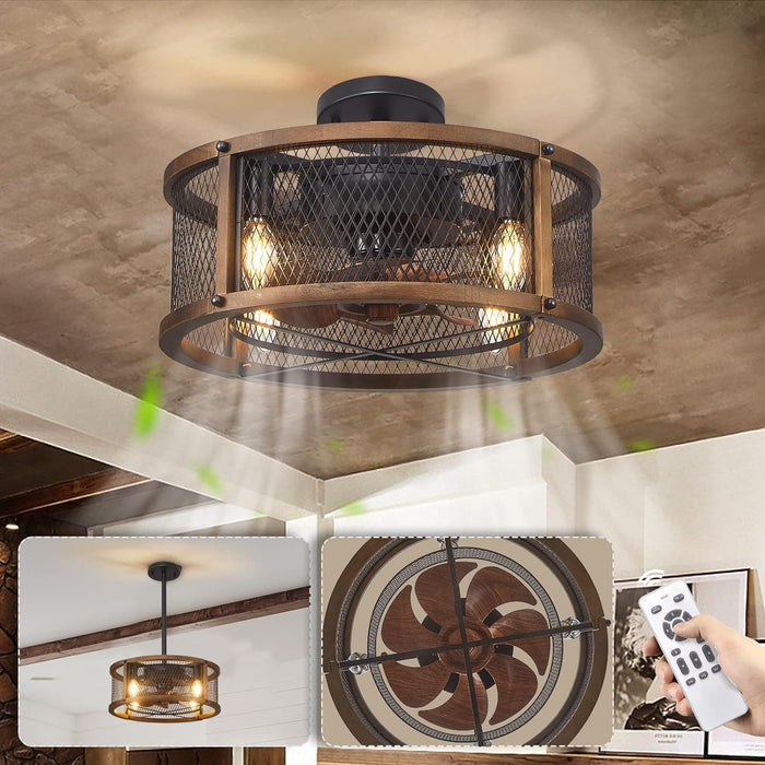 Vintage Ceiling Fans with Light, Flush Mount Fan with Remote, Black Industrial Caged Ceiling Fan for Living Room Bedroom Kitchen-1-ErisView