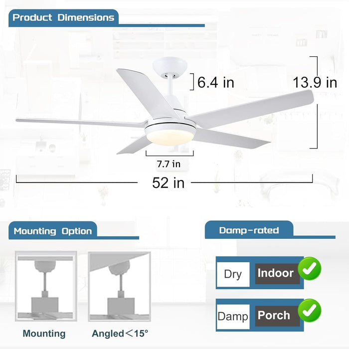 White 52 in. Ceiling Fan with Light, Reversible Quiet Ceiling Fans, Modern Decorative Ceiling Fans for Living Room Bedroom Bedroom Dining Room-6-ErisView