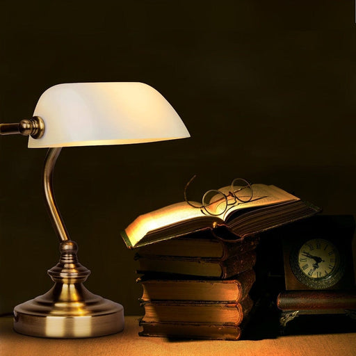 White Banker Desk Lamp for Reading, Classic Bronze Desk Lamp, Vintage Table Lamp for Home Office Nightstand Bedside Study Library Decor-ErisView
