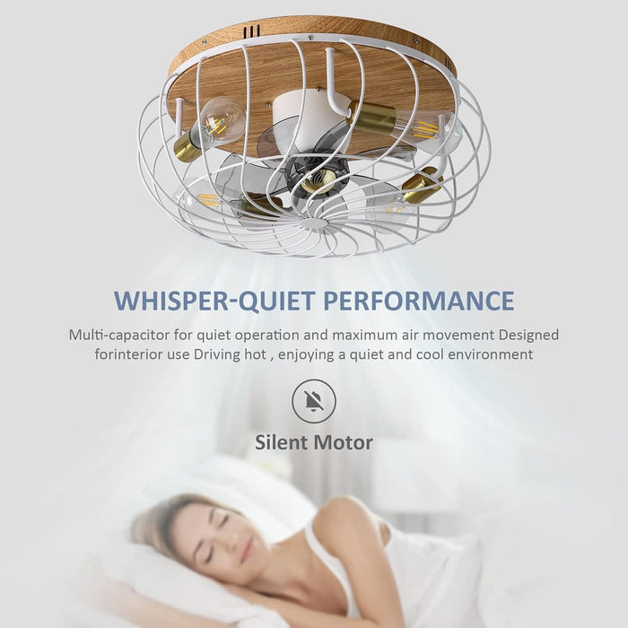 White Caged Ceiling Fan with Lights Remote, Farmhouse Modern 360¡ã Oscillating Ceiling Fan, Low Profile Flush Mount Ceiling Fan for Bedroom Dining Room-3-ErisView