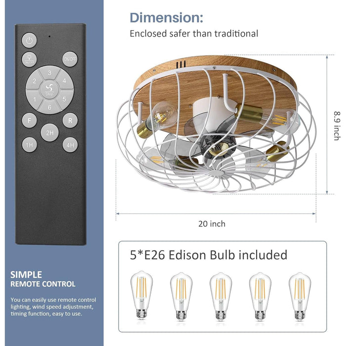 White Caged Ceiling Fan with Lights Remote, Farmhouse Modern 360¡ã Oscillating Ceiling Fan, Low Profile Flush Mount Ceiling Fan for Bedroom Dining Room-4-ErisView