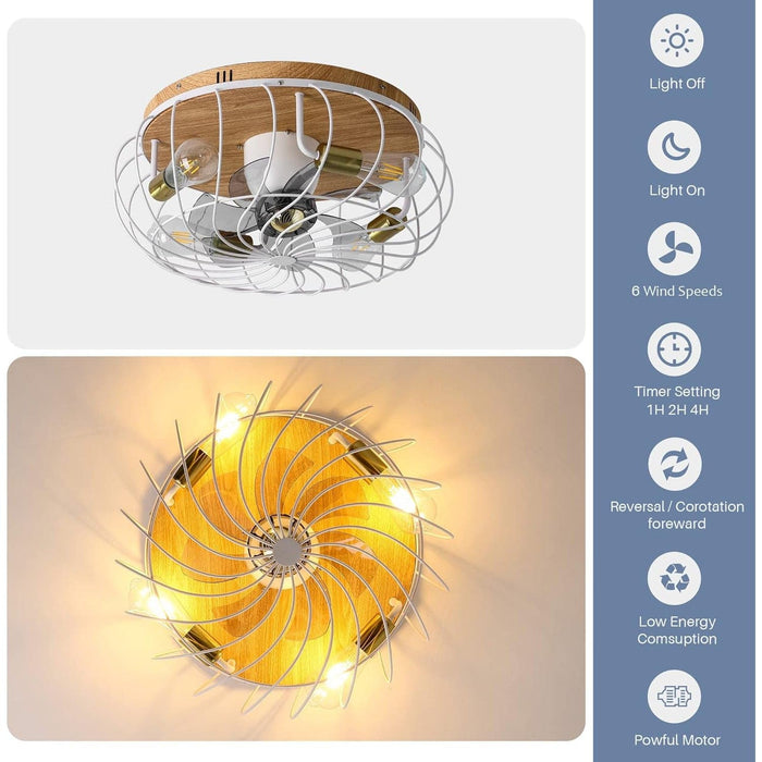 White Caged Ceiling Fan with Lights Remote, Farmhouse Modern 360¡ã Oscillating Ceiling Fan, Low Profile Flush Mount Ceiling Fan for Bedroom Dining Room-5-ErisView