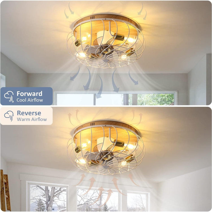 White Caged Ceiling Fan with Lights Remote, Farmhouse Modern 360¡ã Oscillating Ceiling Fan, Low Profile Flush Mount Ceiling Fan for Bedroom Dining Room-7-ErisView