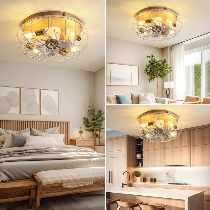 White Caged Ceiling Fan with Lights Remote, Farmhouse Modern 360¡ã Oscillating Ceiling Fan, Low Profile Flush Mount Ceiling Fan for Bedroom Dining Room-9-ErisView