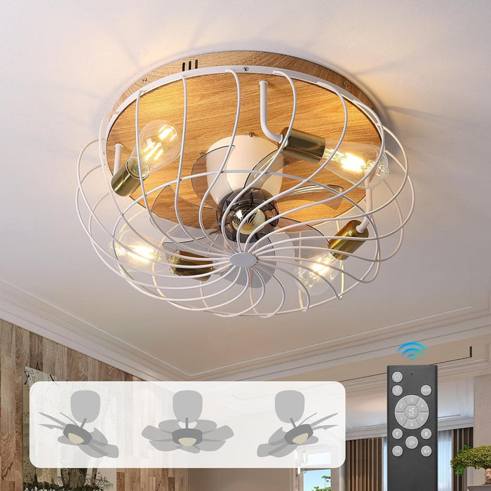 White Caged Ceiling Fan with Lights Remote, Farmhouse Modern 360¡ã Oscillating Ceiling Fan, Low Profile Flush Mount Ceiling Fan for Bedroom Dining Room-1-ErisView