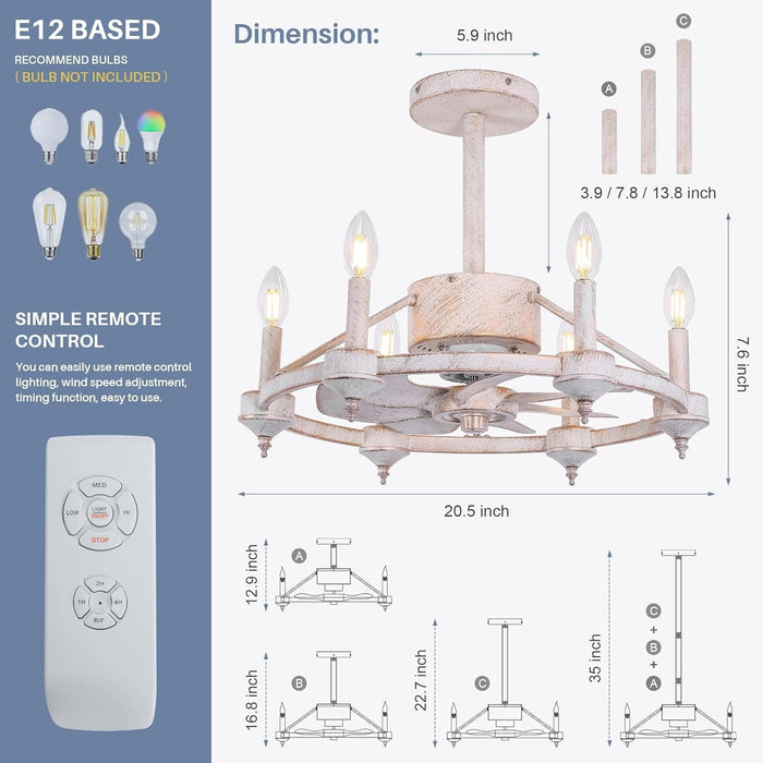 White Chandelier Ceiling Fan with Lights and Remote, Farmhouse Industrial Ceiling Fans, Wagon Wheel Ceiling Fan for Bedroom Dining Room Kitchen Living Room-3-ErisView