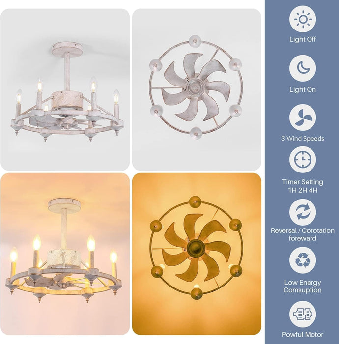 White Chandelier Ceiling Fan with Lights and Remote, Farmhouse Industrial Ceiling Fans, Wagon Wheel Ceiling Fan for Bedroom Dining Room Kitchen Living Room-4-ErisView