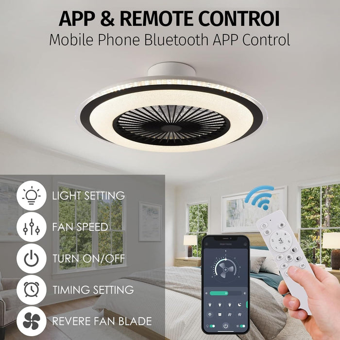 White Dimmable Flush Mount Ceiling Fan without Blades, Low Profile Flush Mount Enclosed Ceiling Fan with Light and APP Control-14-ErisView
