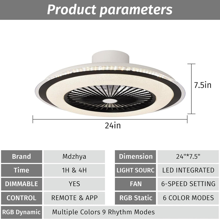 White Dimmable Flush Mount Ceiling Fan without Blades, Low Profile Flush Mount Enclosed Ceiling Fan with Light and APP Control-25-ErisView