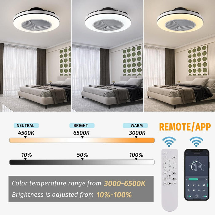 White Dimmable Flush Mount Ceiling Fan without Blades, Low Profile Flush Mount Enclosed Ceiling Fan with Light and APP Control-3-ErisView