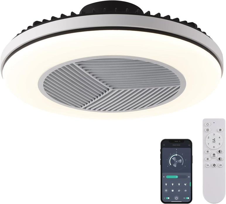 White Dimmable Flush Mount Ceiling Fan without Blades, Low Profile Flush Mount Enclosed Ceiling Fan with Light and APP Control-1-ErisView