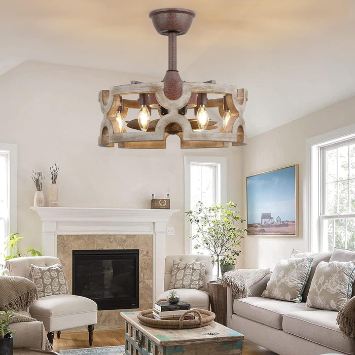 White Fandelier Ceiling Fan with Lights and Remote, Small Caged Farmhouse Vintage Rustic Ceiling Fans, Boho Chandelier Fan, Bladeless Ceiling Fan-2-ErisView