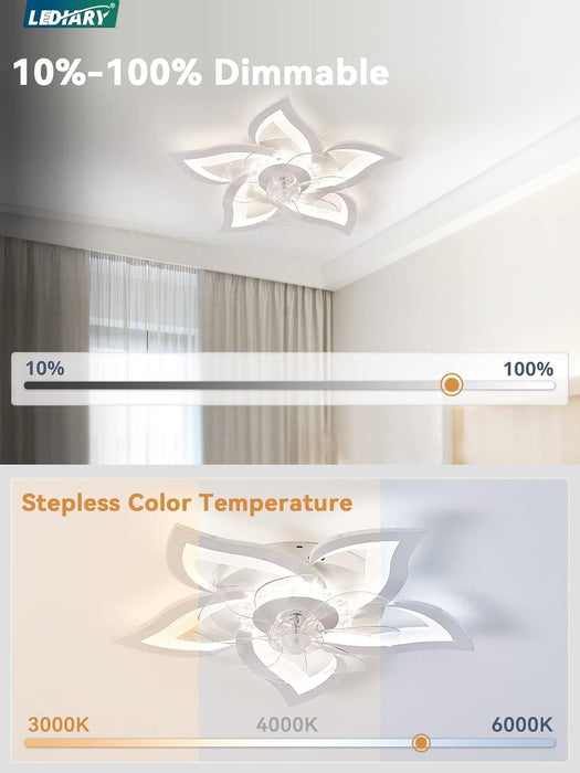 White Flower Ceiling Fan with Remote, Bedroom Ceiling Fans with Lights, Small Modern Low Profile Ceiling Fan, Flush Mount Ceiling Light Fixture-2-ErisView