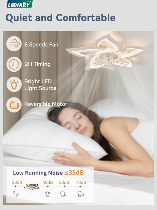 White Flower Ceiling Fan with Remote, Bedroom Ceiling Fans with Lights, Small Modern Low Profile Ceiling Fan, Flush Mount Ceiling Light Fixture-3-ErisView