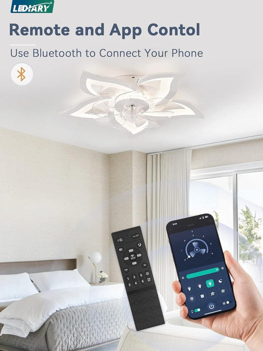White Flower Ceiling Fan with Remote, Bedroom Ceiling Fans with Lights, Small Modern Low Profile Ceiling Fan, Flush Mount Ceiling Light Fixture-4-ErisView