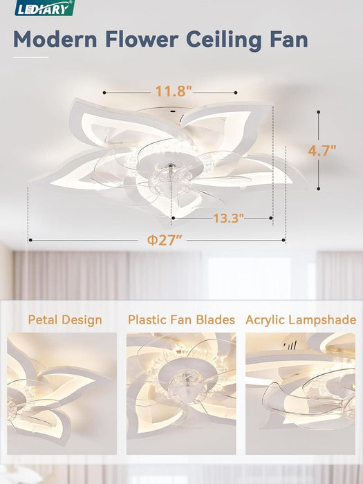 White Flower Ceiling Fan with Remote, Bedroom Ceiling Fans with Lights, Small Modern Low Profile Ceiling Fan, Flush Mount Ceiling Light Fixture-5-ErisView