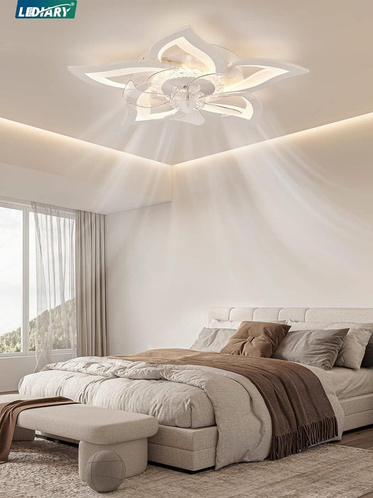 White Flower Ceiling Fan with Remote, Bedroom Ceiling Fans with Lights, Small Modern Low Profile Ceiling Fan, Flush Mount Ceiling Light Fixture-7-ErisView