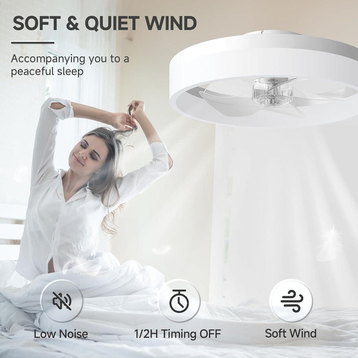 White Flush Mount Ceiling Fans with Lights, Ceiling Fan on Low Ceiling with Lights and Remote, Fandelier Ceiling Fan, Dimmable Bladeless LED Fan Light-5-ErisView