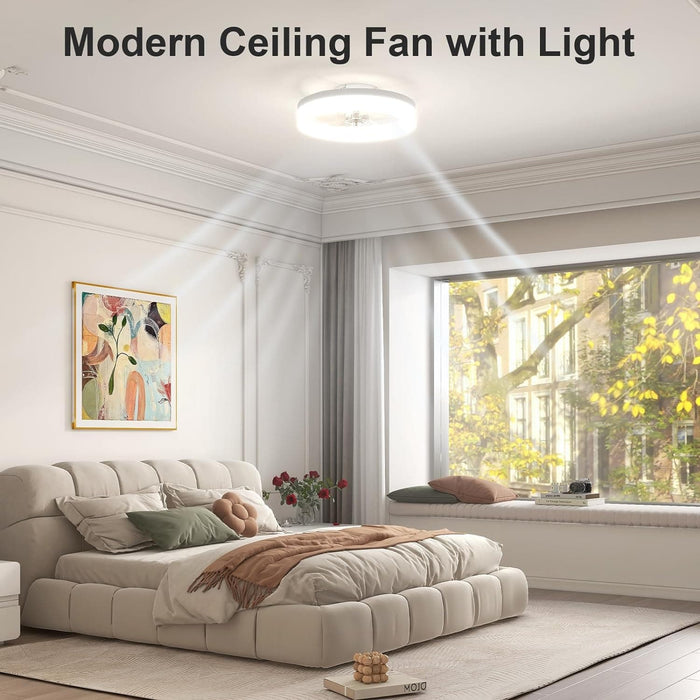 White Flush Mount Ceiling Fans with Lights, Ceiling Fan on Low Ceiling with Lights and Remote, Fandelier Ceiling Fan, Dimmable Bladeless LED Fan Light-8-ErisView