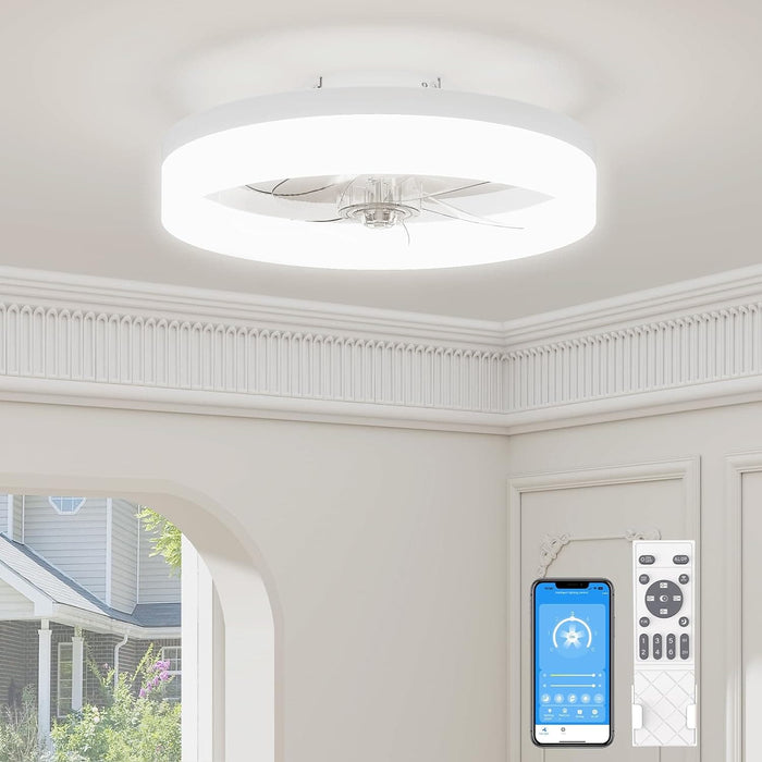 White Flush Mount Ceiling Fans with Lights, Ceiling Fan on Low Ceiling with Lights and Remote, Fandelier Ceiling Fan, Dimmable Bladeless LED Fan Light-1-ErisView