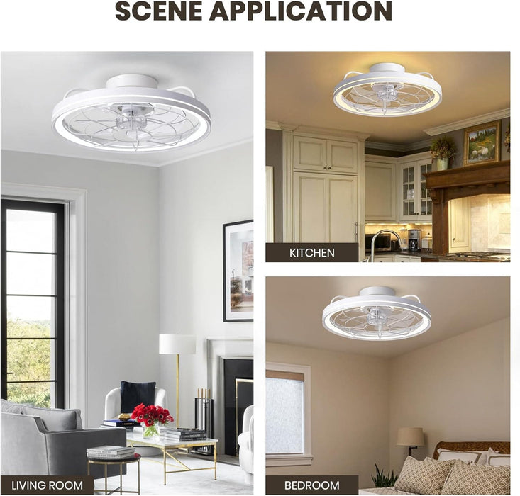 White Low Profile Flush Mount Ceiling Fan with Remote, Reversible Dimmable Metal Blade Fan for Bedroom Kitchen Living Room-7-ErisView