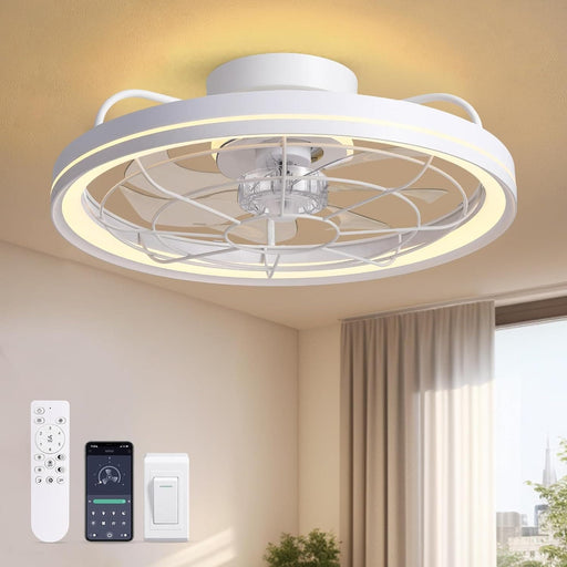 White Low Profile Flush Mount Ceiling Fan with Remote, Reversible Dimmable Metal Blade Fan for Bedroom Kitchen Living Room-1-ErisView