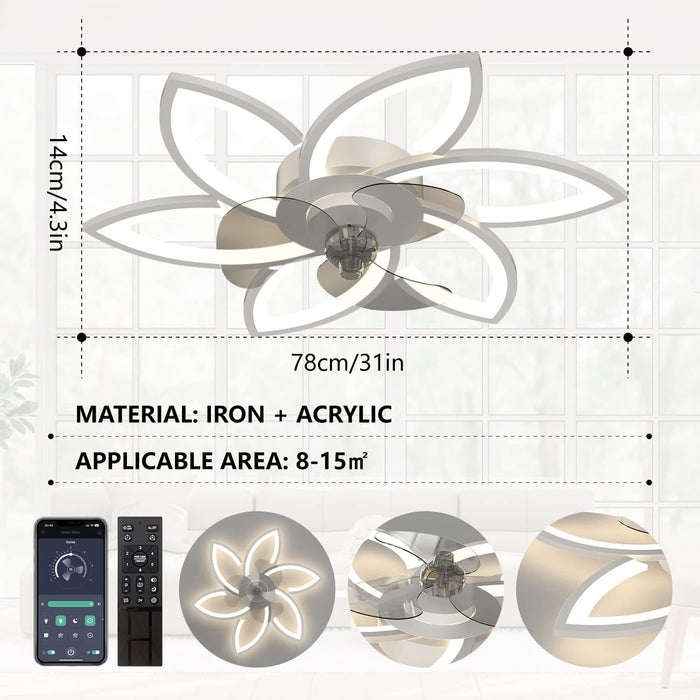 White Modern Ceiling Fan with Light and Remote Control, Remote Control Ceiling Fan with Light, Flush Mount Bladeless Ceiling Fan with Smart Timing-6-ErisView
