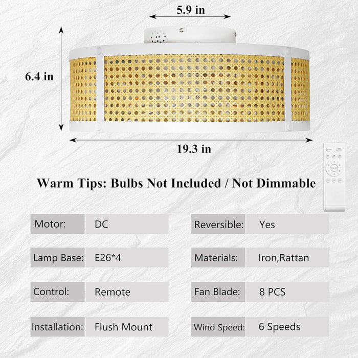 White Rattan Caged Ceiling Fan with Lights, Boho Low Profile Ceiling Fan with Remote, Small Flush Mount Bladeless Fandelier for Bedroom Kitchen -5-ErisView