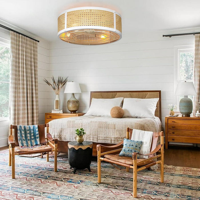 White Rattan Caged Ceiling Fan with Lights, Boho Low Profile Ceiling Fan with Remote, Small Flush Mount Bladeless Fandelier for Bedroom Kitchen -8-ErisView