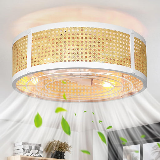 White Rattan Caged Ceiling Fan with Lights, Boho Low Profile Ceiling Fan with Remote, Small Flush Mount Bladeless Fandelier for Bedroom Kitchen -1-ErisView