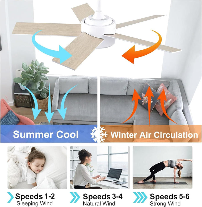 White Remote Control Ceiling Fan and Light, Modern Ceiling Fan with Light for Bedroom Kitchen, Quiet Reversible Fan in Winter Summer-21-ErisView