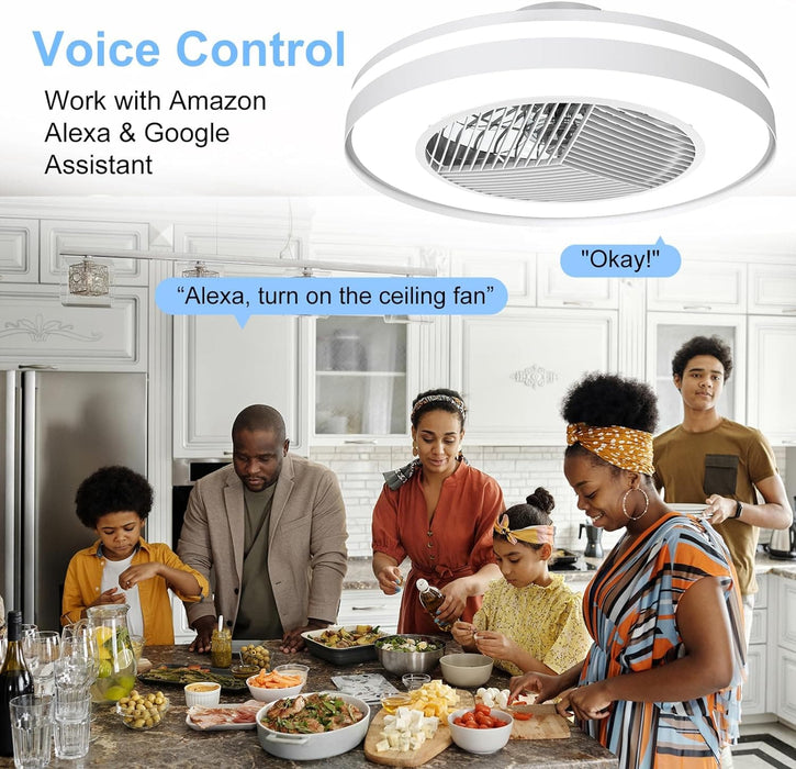 White Remote Control Ceiling Fan with Light, Bladeless Enclosed Ceiling Fan with Wi-Fi Bluetooth APP Control, Works with Alexa and Google Assistant -3-ErisView
