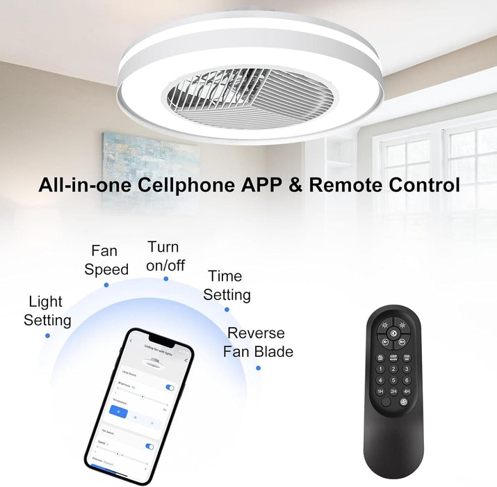 White Remote Control Ceiling Fan with Light, Bladeless Enclosed Ceiling Fan with Wi-Fi Bluetooth APP Control, Works with Alexa and Google Assistant -8-ErisView