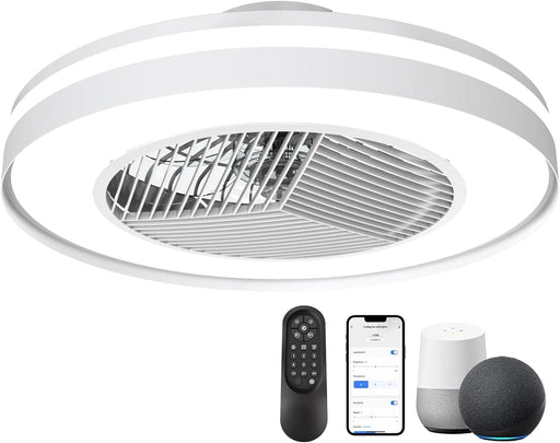 White Remote Control Ceiling Fan with Light, Bladeless Enclosed Ceiling Fan with Wi-Fi Bluetooth APP Control, Works with Alexa and Google Assistant -1-ErisView