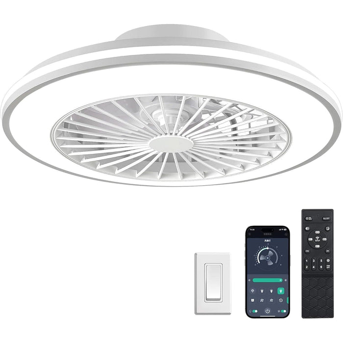 White Smart Ceiling Fan with Lights and Remote, Ceiling Fan on Low Ceiling with Light, Flush Mount Bladeless Modern Ceiling Fan, Bladeless Ceiling Fan -1-ErisView