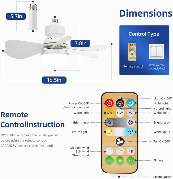 White Socket Remote Control Ceiling Fan and Light, Bedroom Ceiling Fans, Kitchen Fans with Lights, Living Room Fan -2-ErisView